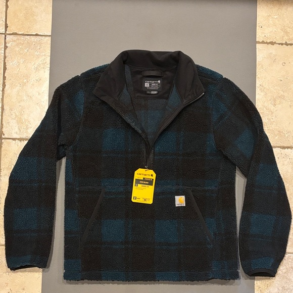 Carhartt Fleece Pullover Half Zip Plaid Black Teal Blue Green S - Picture 5 of 12